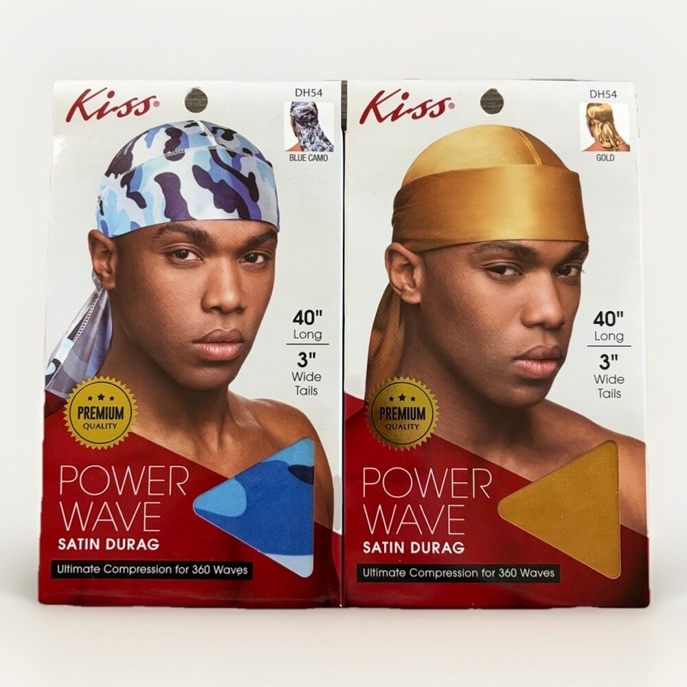 KISS Power Wave Satin Durag Bundle Gold Blue Camo 360 Waves Long Tails Men Silky